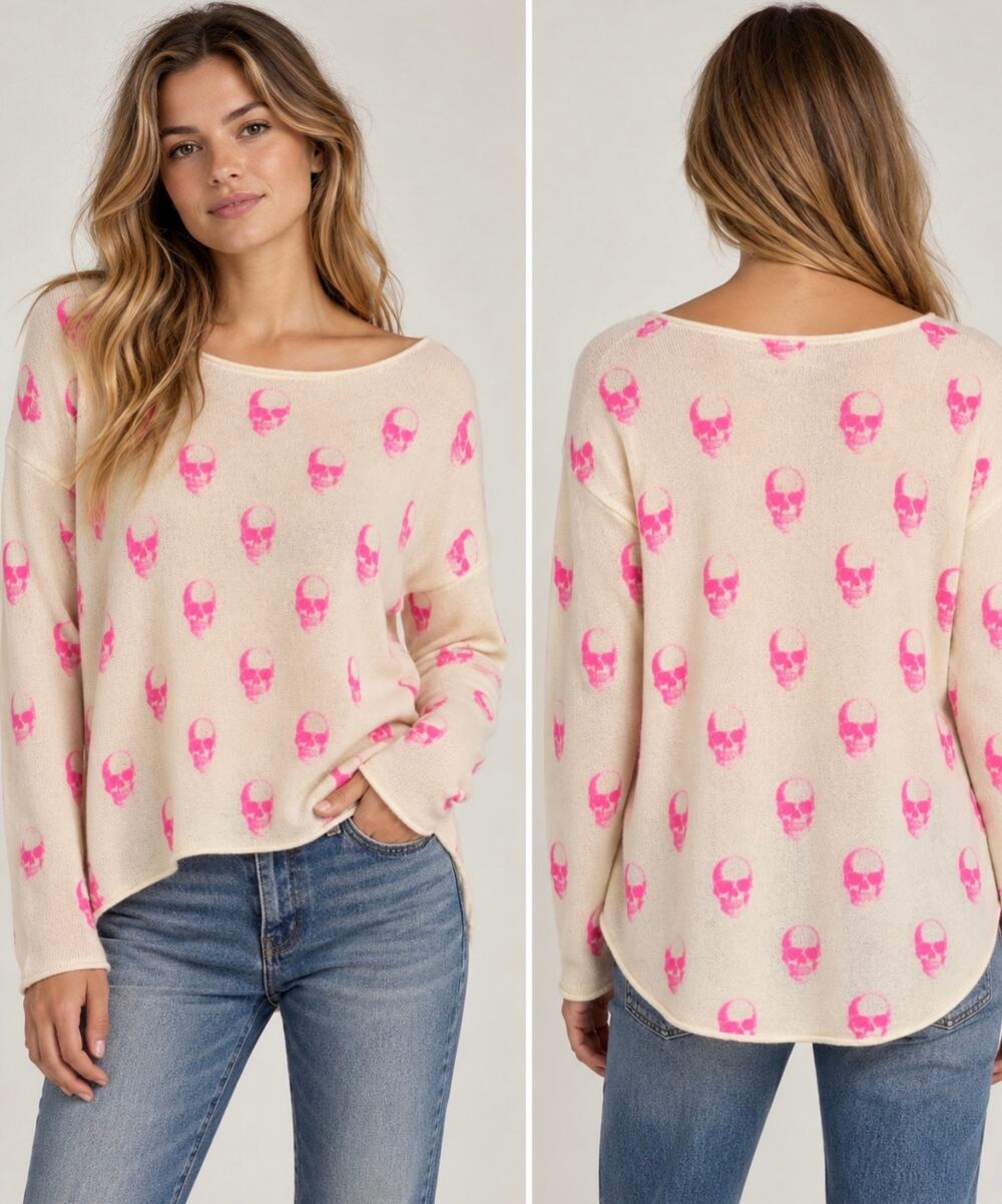 SKULL CASHMERE Ivory Hot Pink Skull Print Cashmere Rolled Hem Sweater Size Small